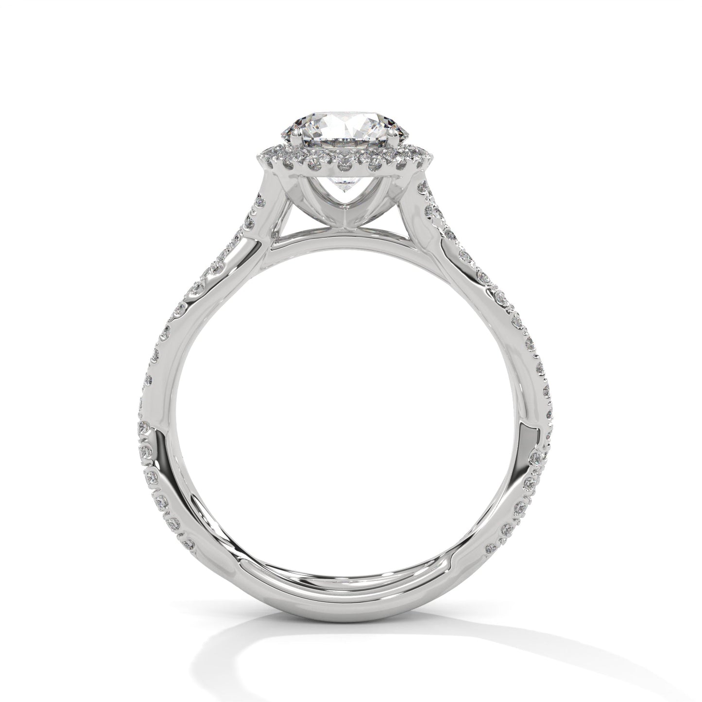 Diamond ring with a white gold band on a white background