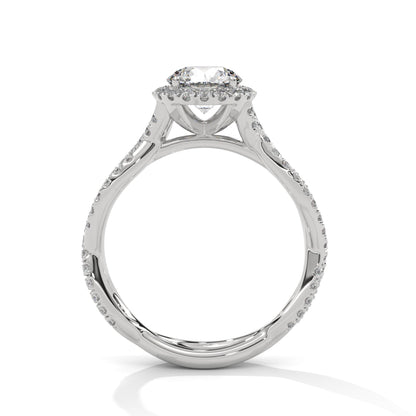 Diamond ring with a white gold band on a white background
