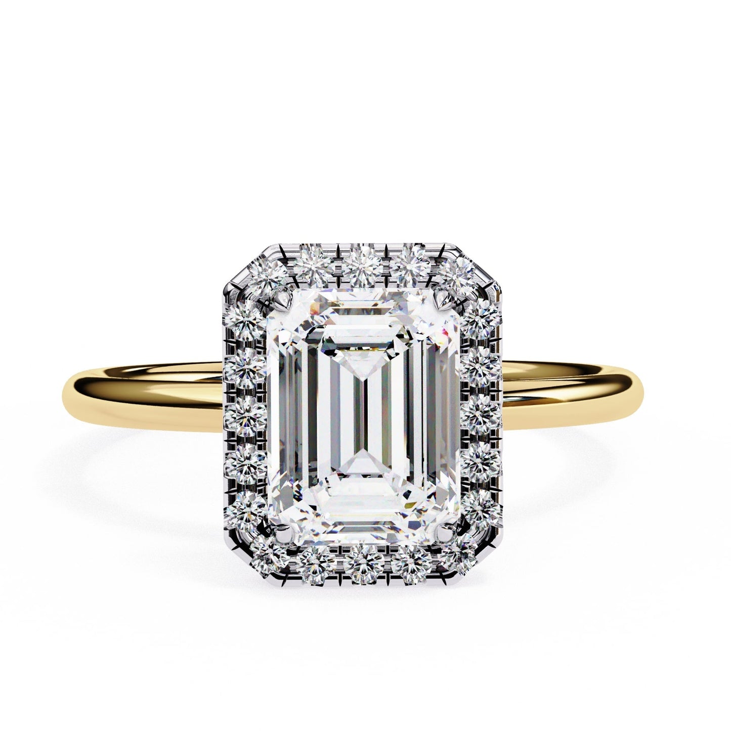 Gold ring with a large diamond and smaller diamonds on a white background