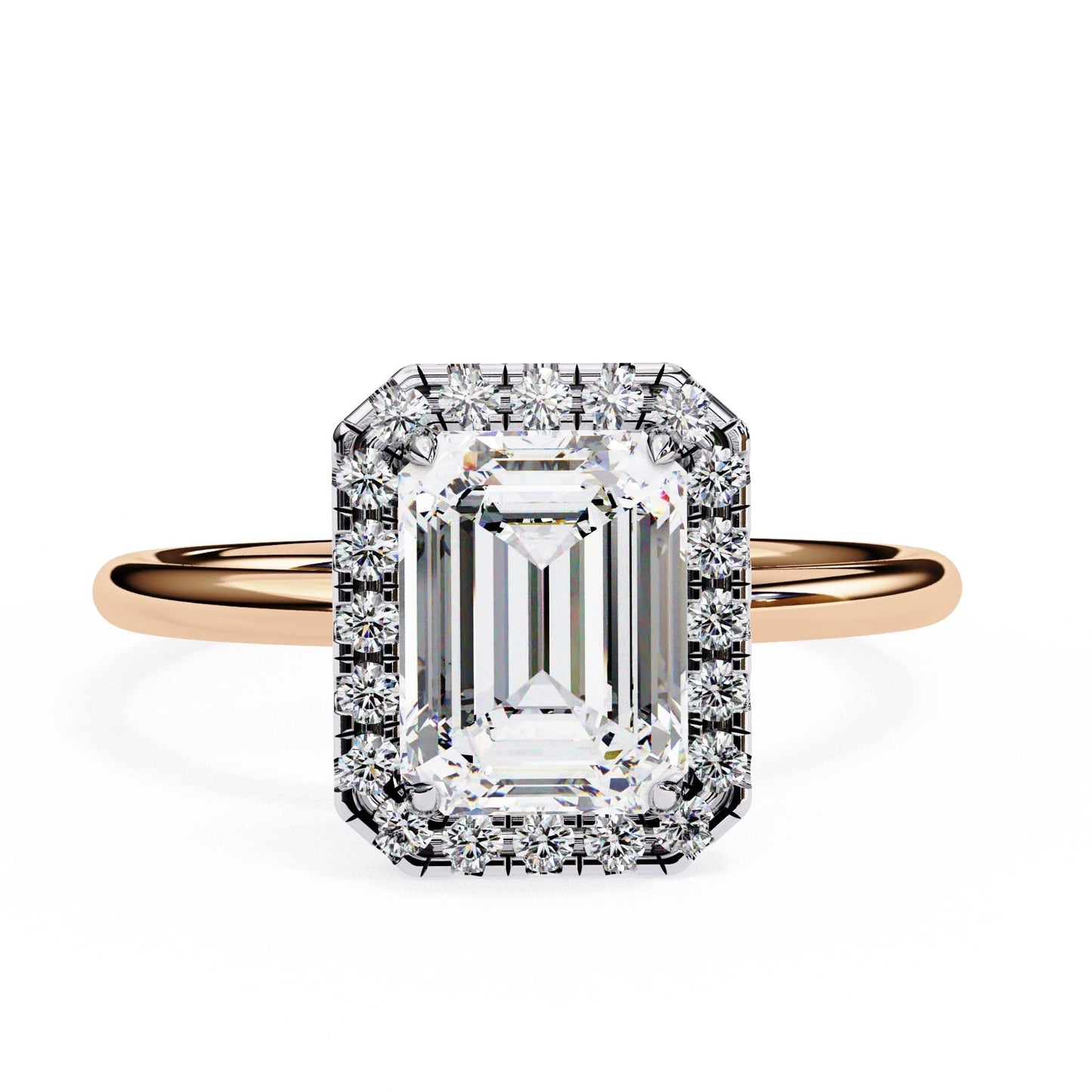 Diamond ring with rose gold band on a white background