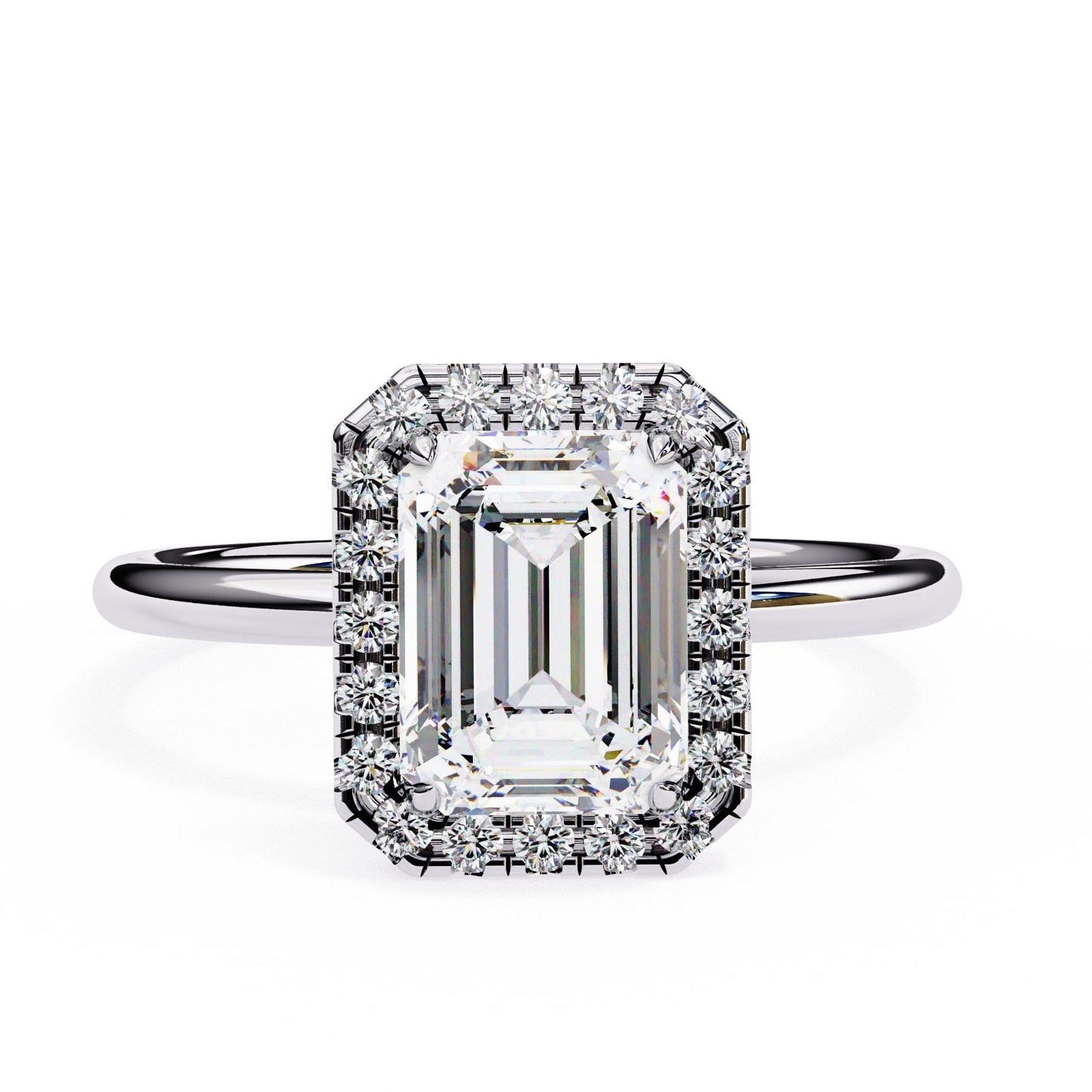Diamond ring with emerald-cut center stone and halo on a white background