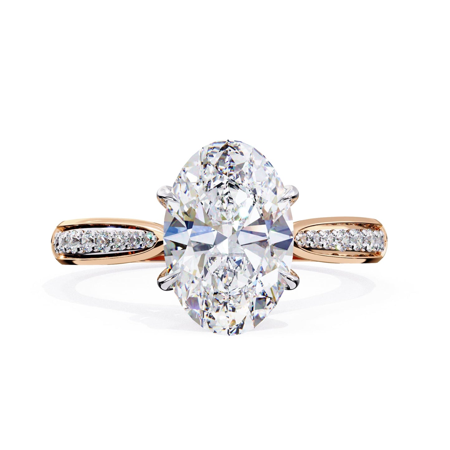 Rose gold ring with a large pear-shaped diamond and smaller diamonds on the band against a white background