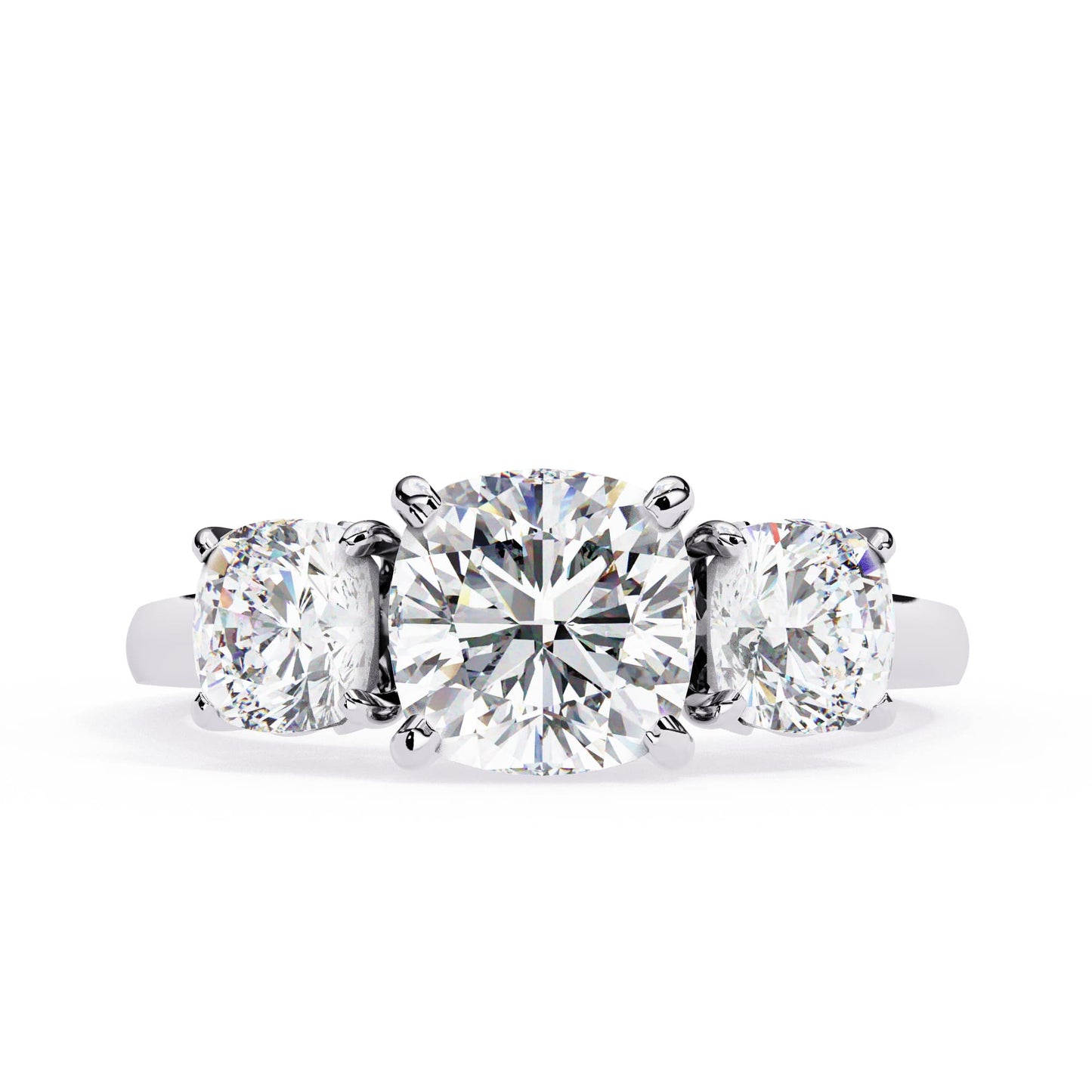 Diamond ring with three round-cut diamonds on a white background