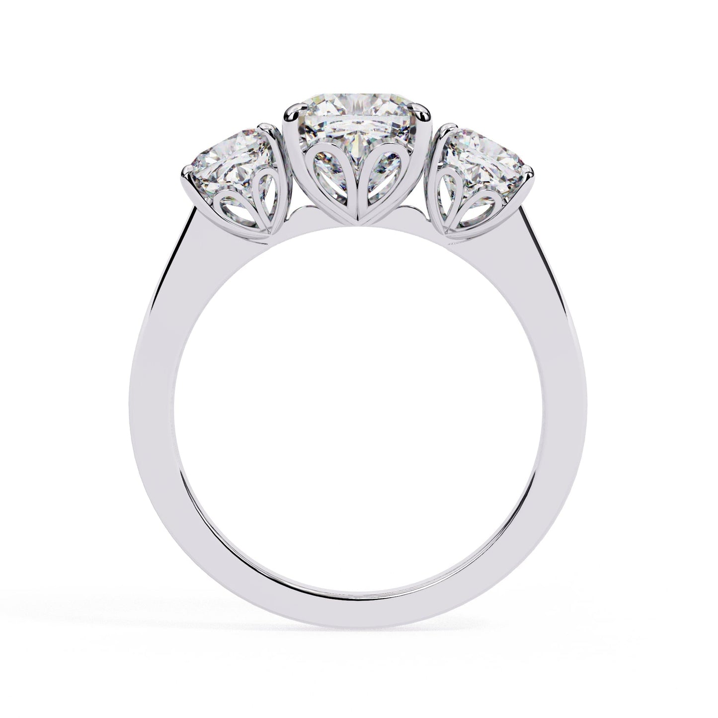 Three-stone diamond ring on a white background