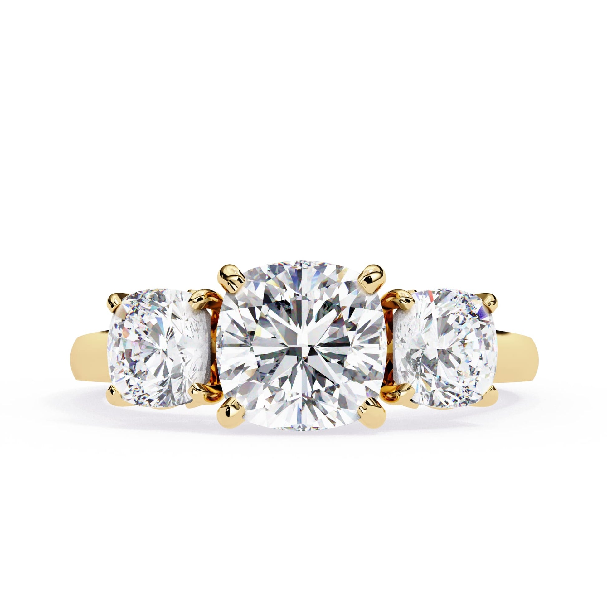 Gold ring with three round diamonds on a white background