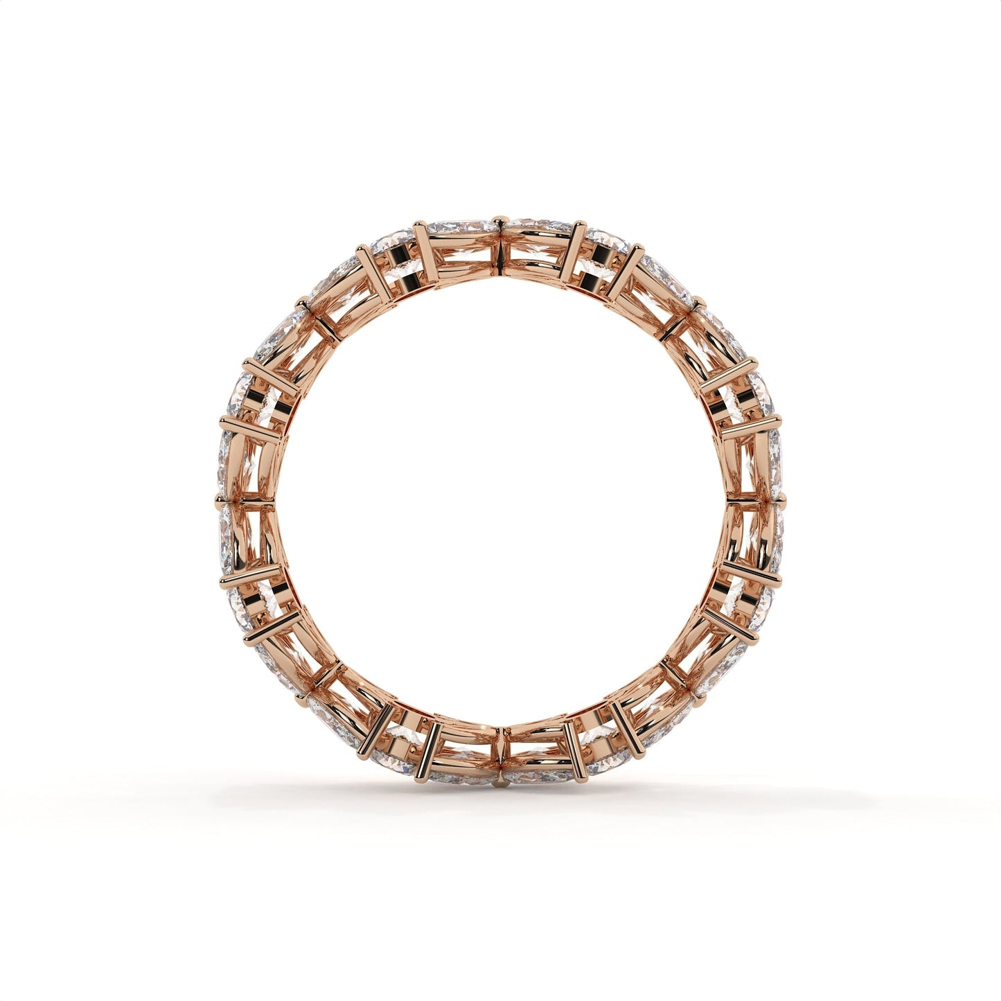 Rose gold ring with diamond accents on a white background