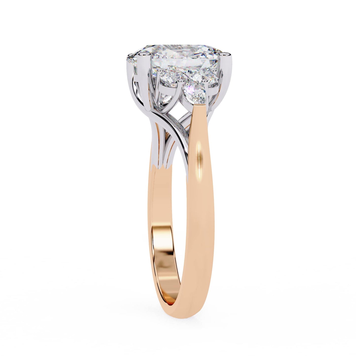 Two-tone diamond ring with a white and rose gold band on a white background