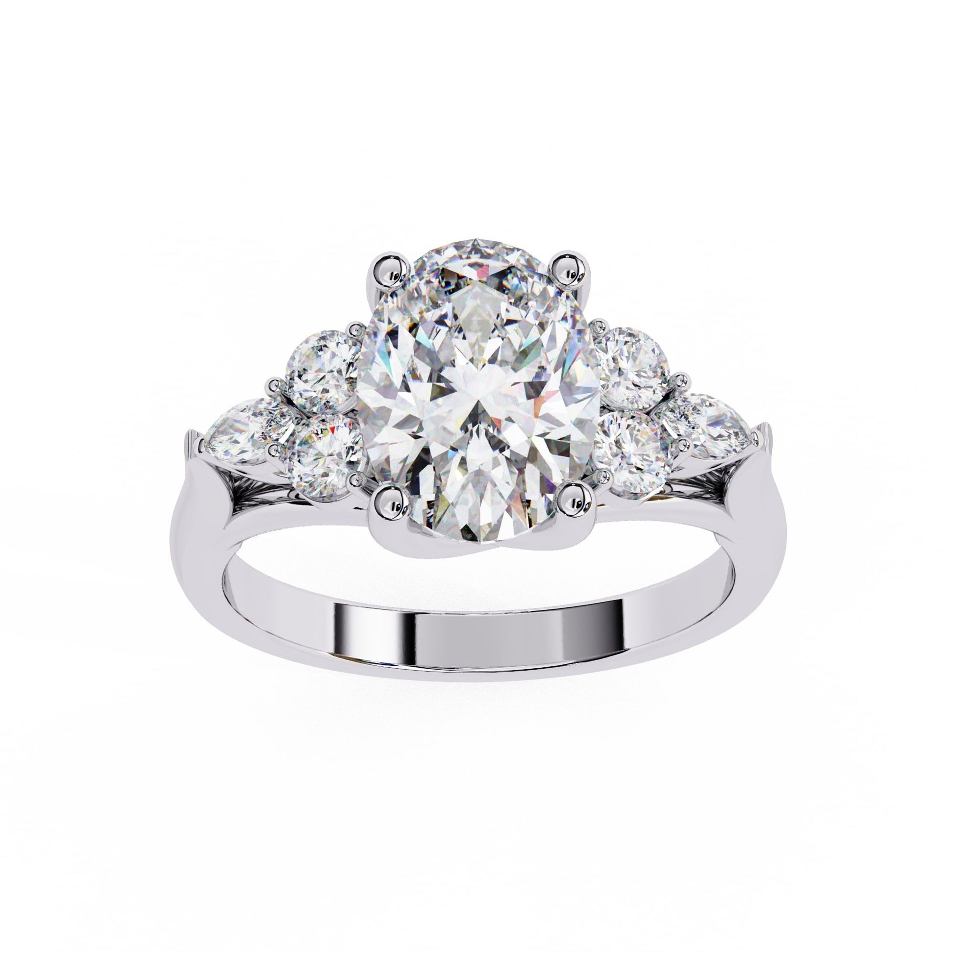 Diamond ring with three circular diamonds on a white background