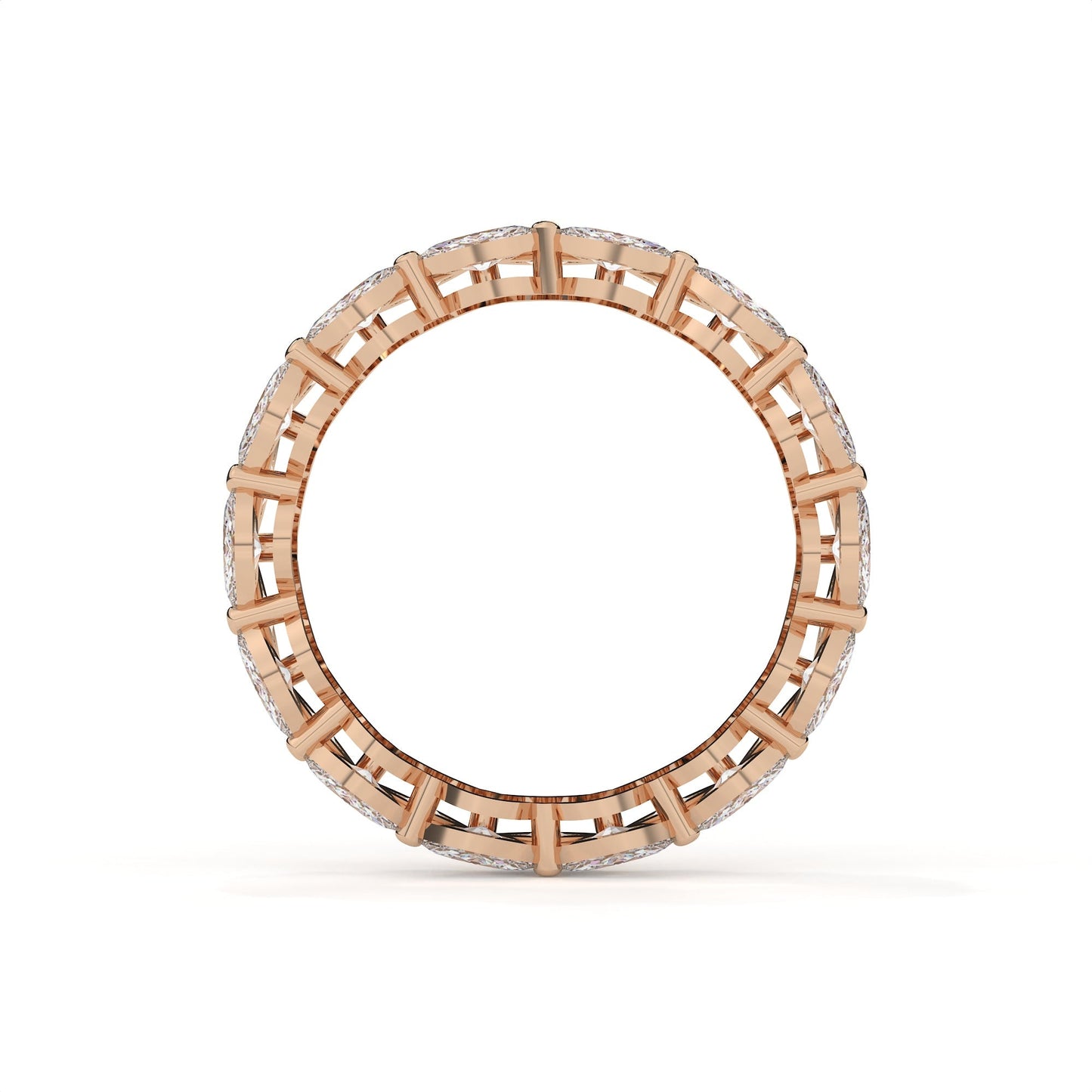 Rose gold ring with a lattice design on a white background