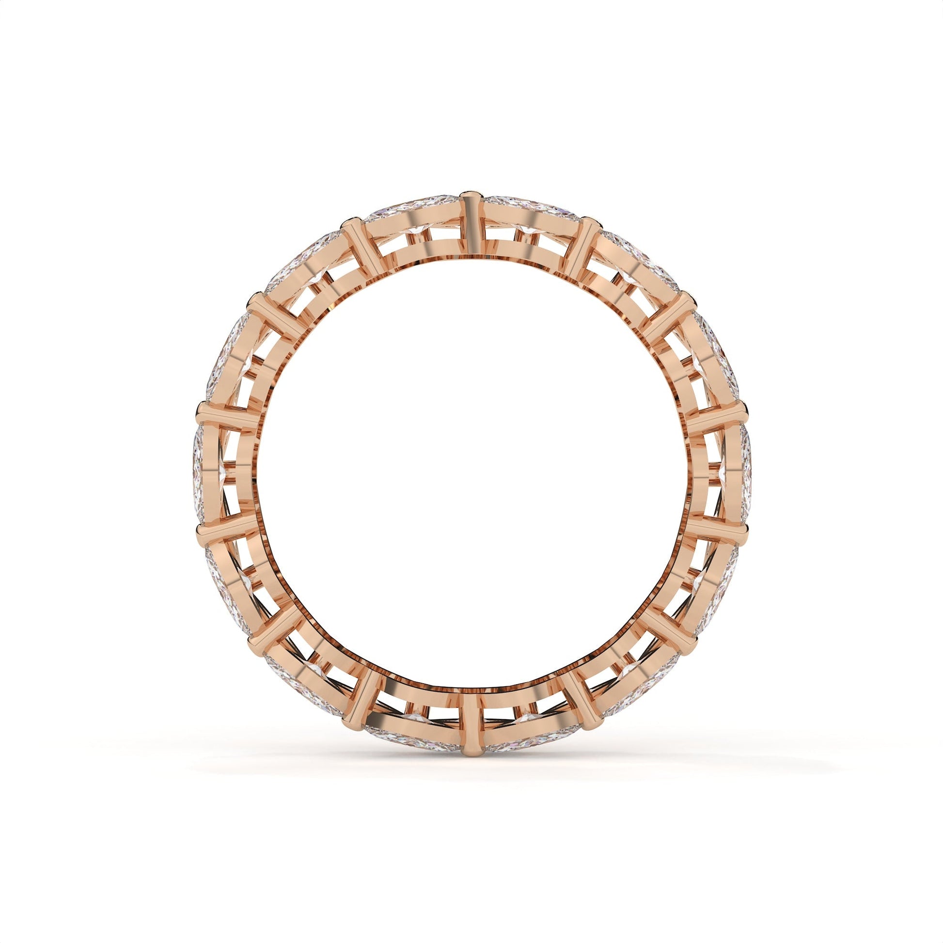 Rose gold ring with a lattice design on a white background