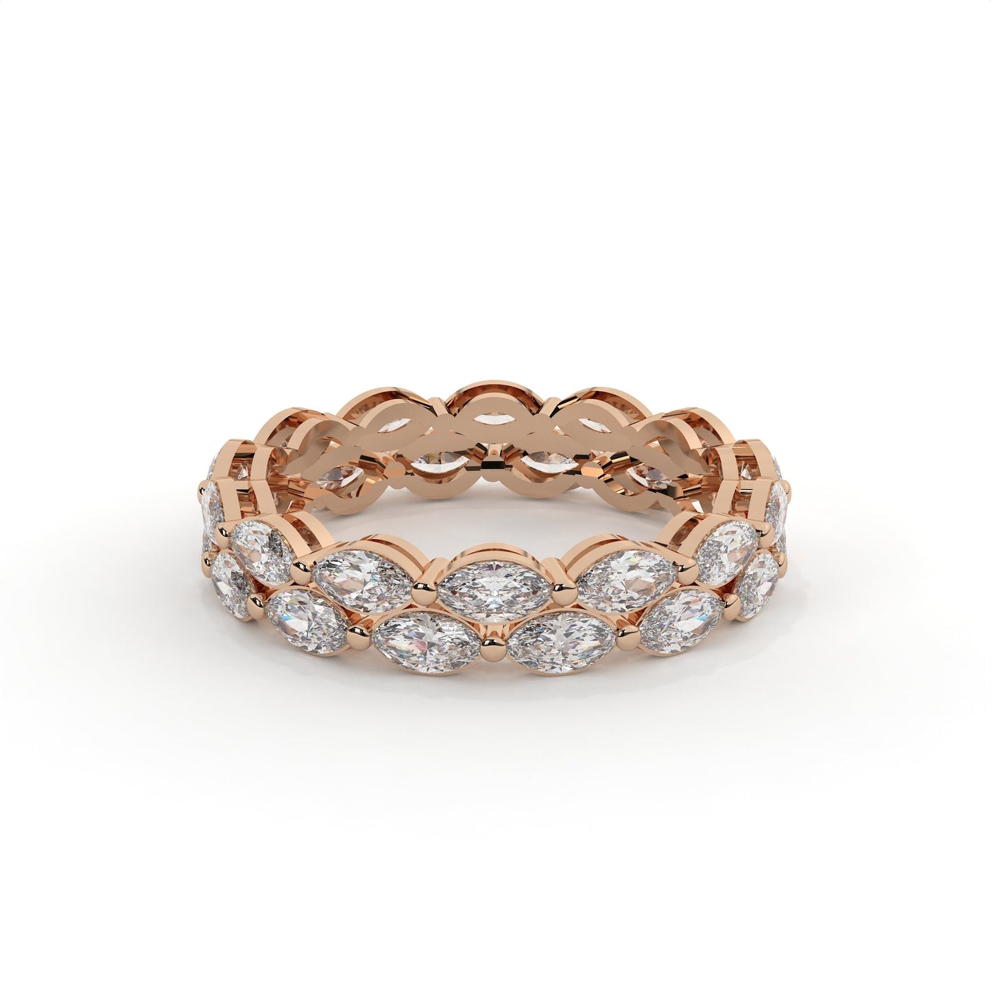 Rose gold ring with diamonds on a white background