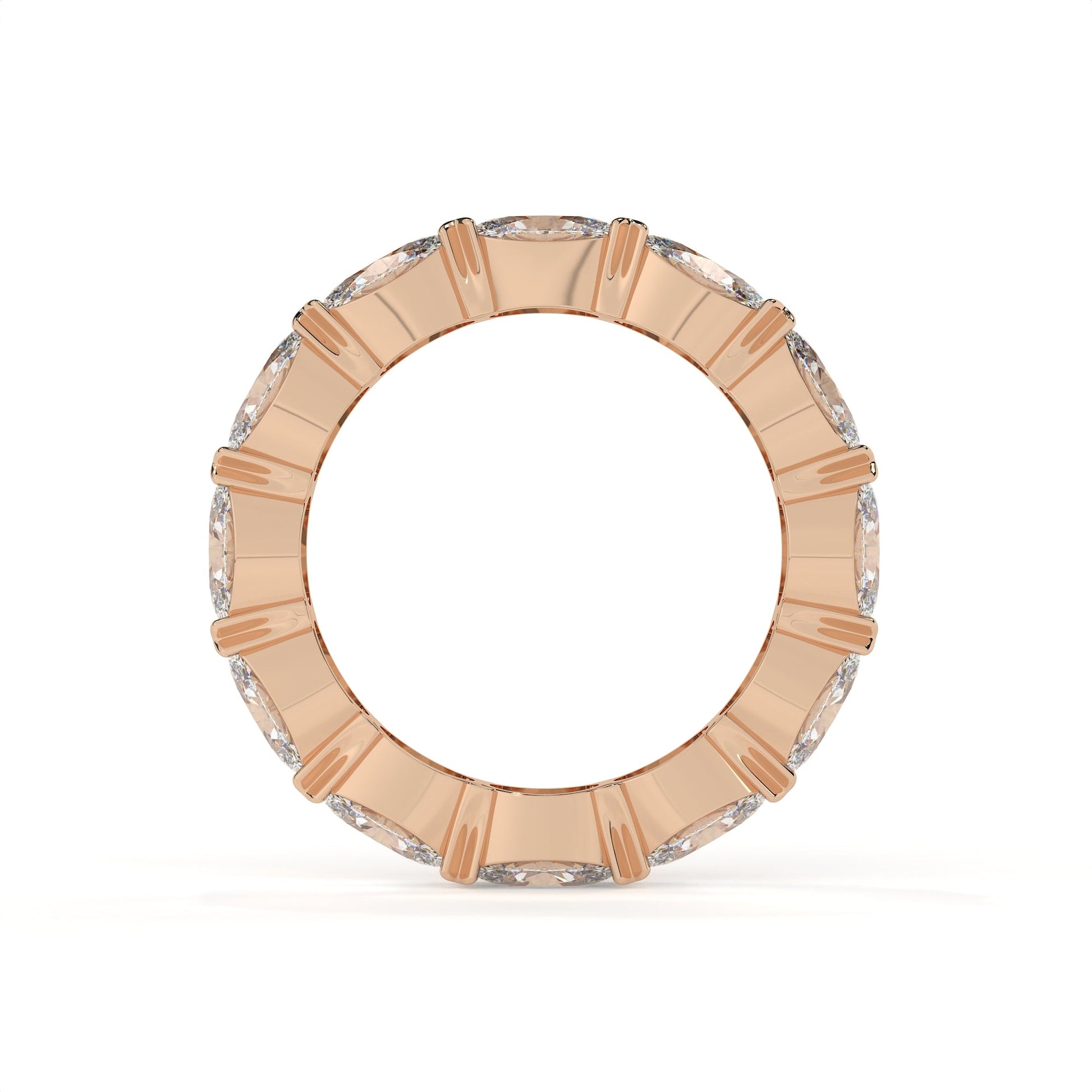 Rose gold ring with diamond accents on a white background