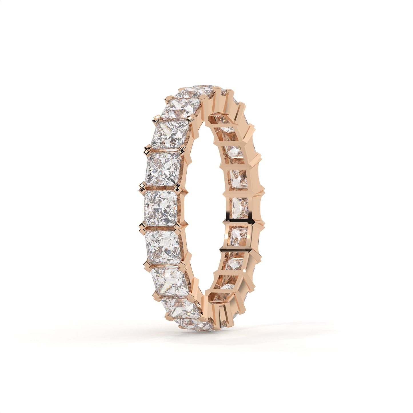 Rose gold diamond eternity ring on a white background