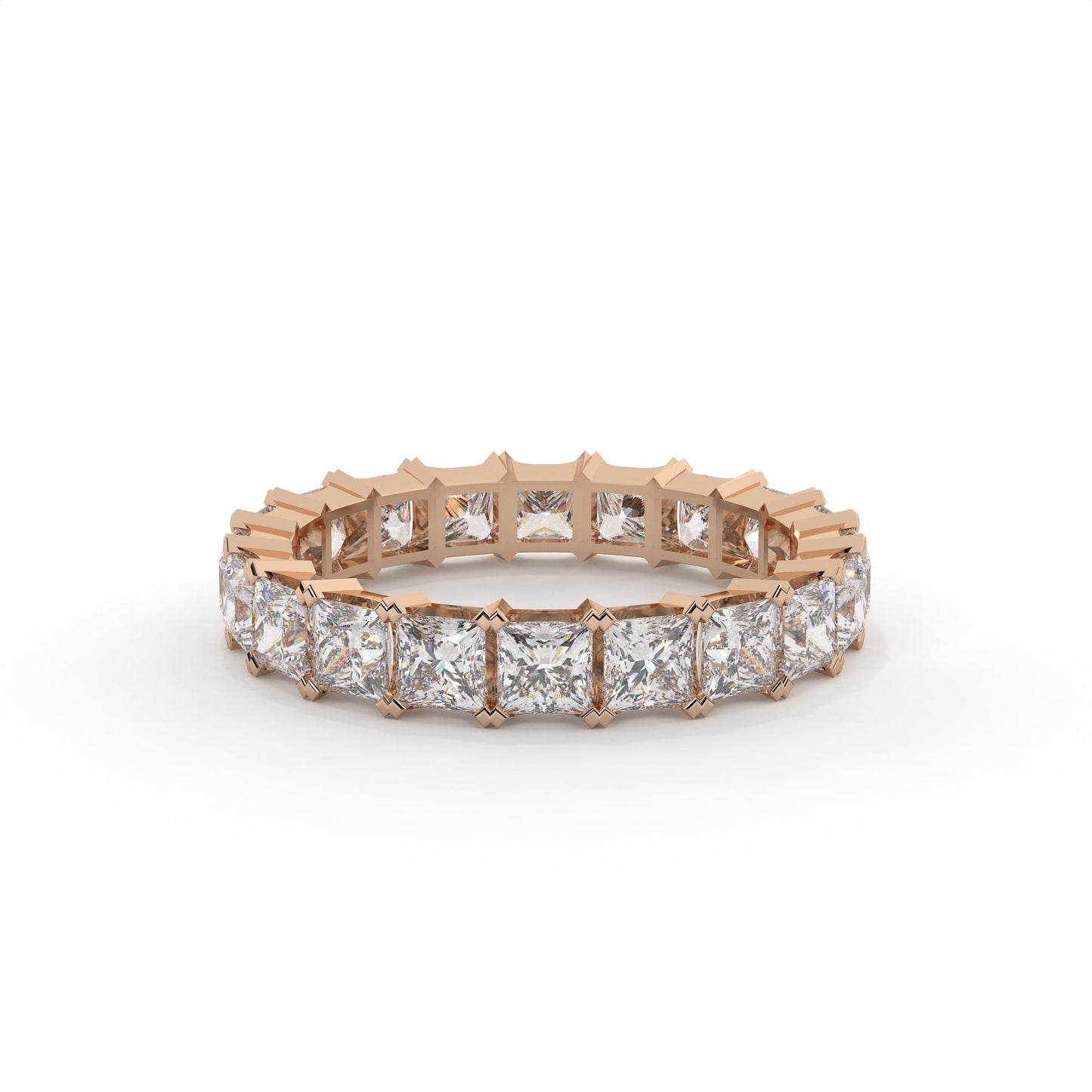 Rose gold eternity ring with diamonds on a white background