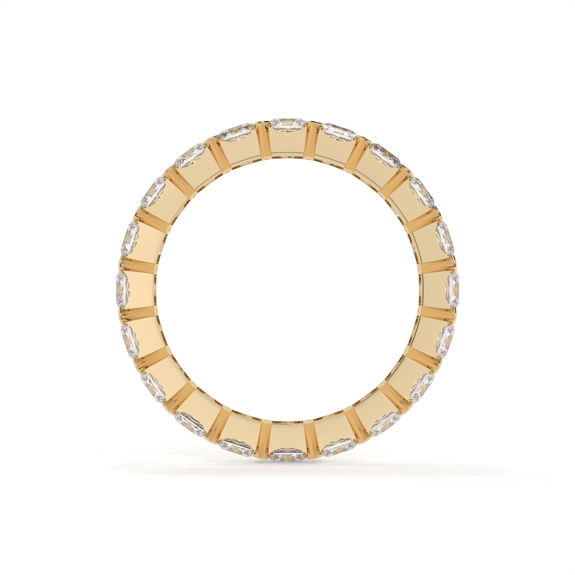 Gold ring with embedded diamonds on a white background