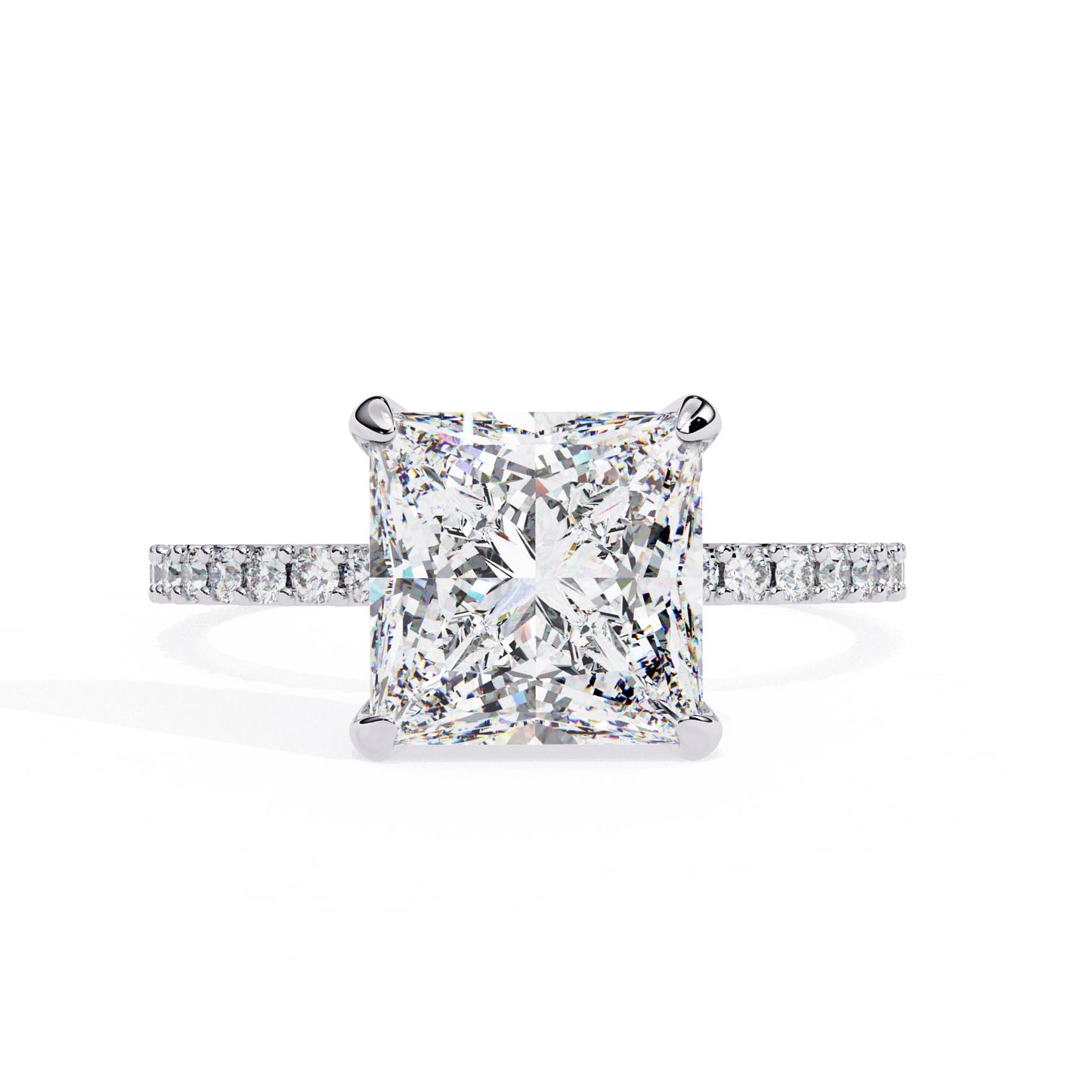Diamond ring with a square-cut gemstone on a white background