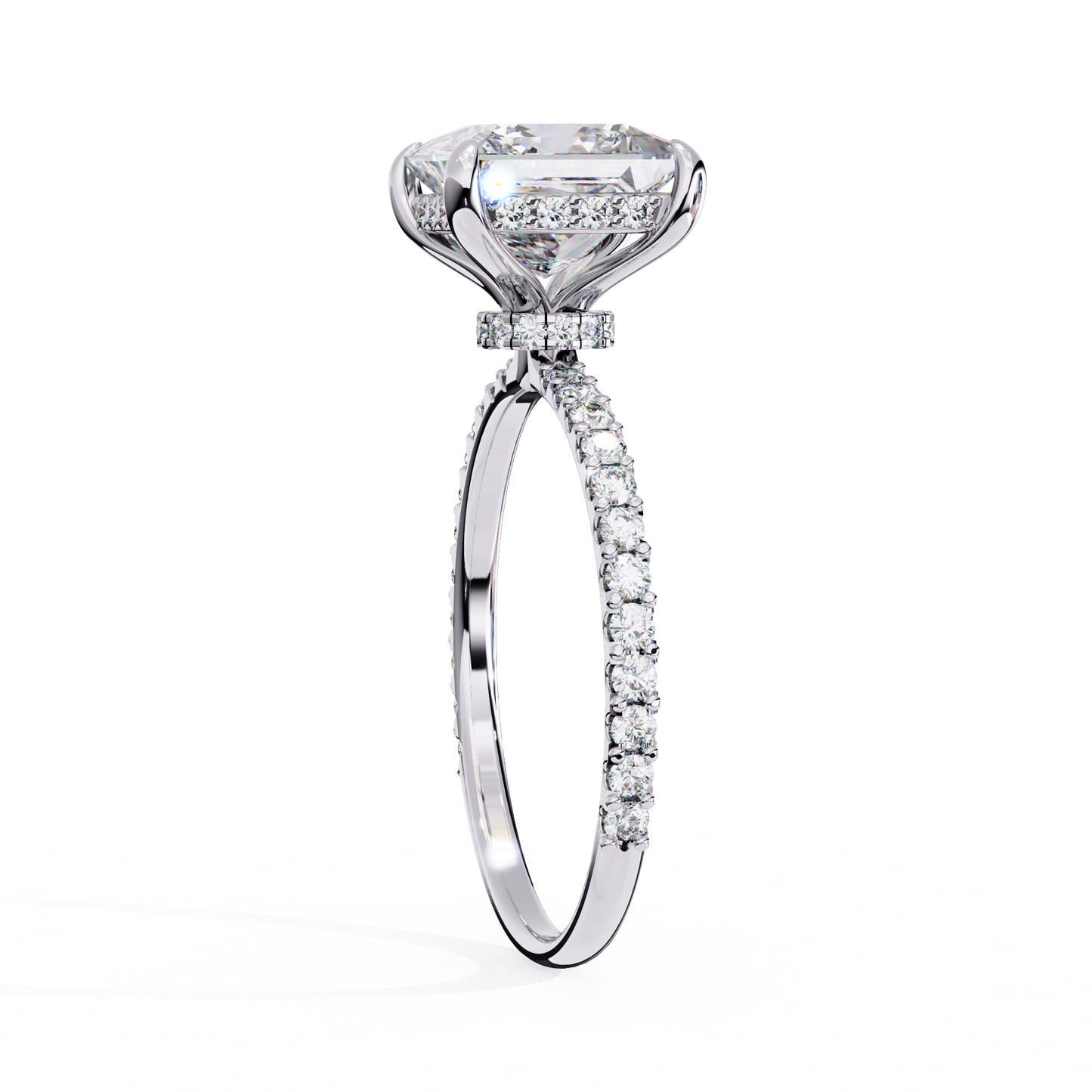 Diamond ring with a white gemstone on a white background