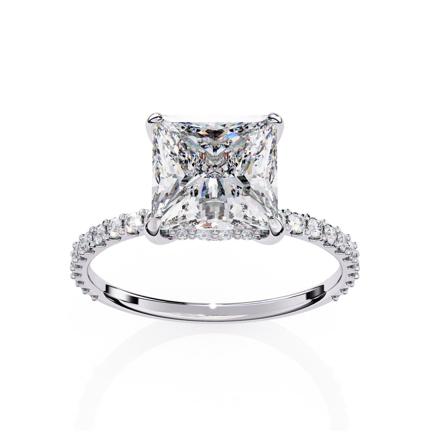 Diamond ring with a prominent princess-cut diamond on a white background