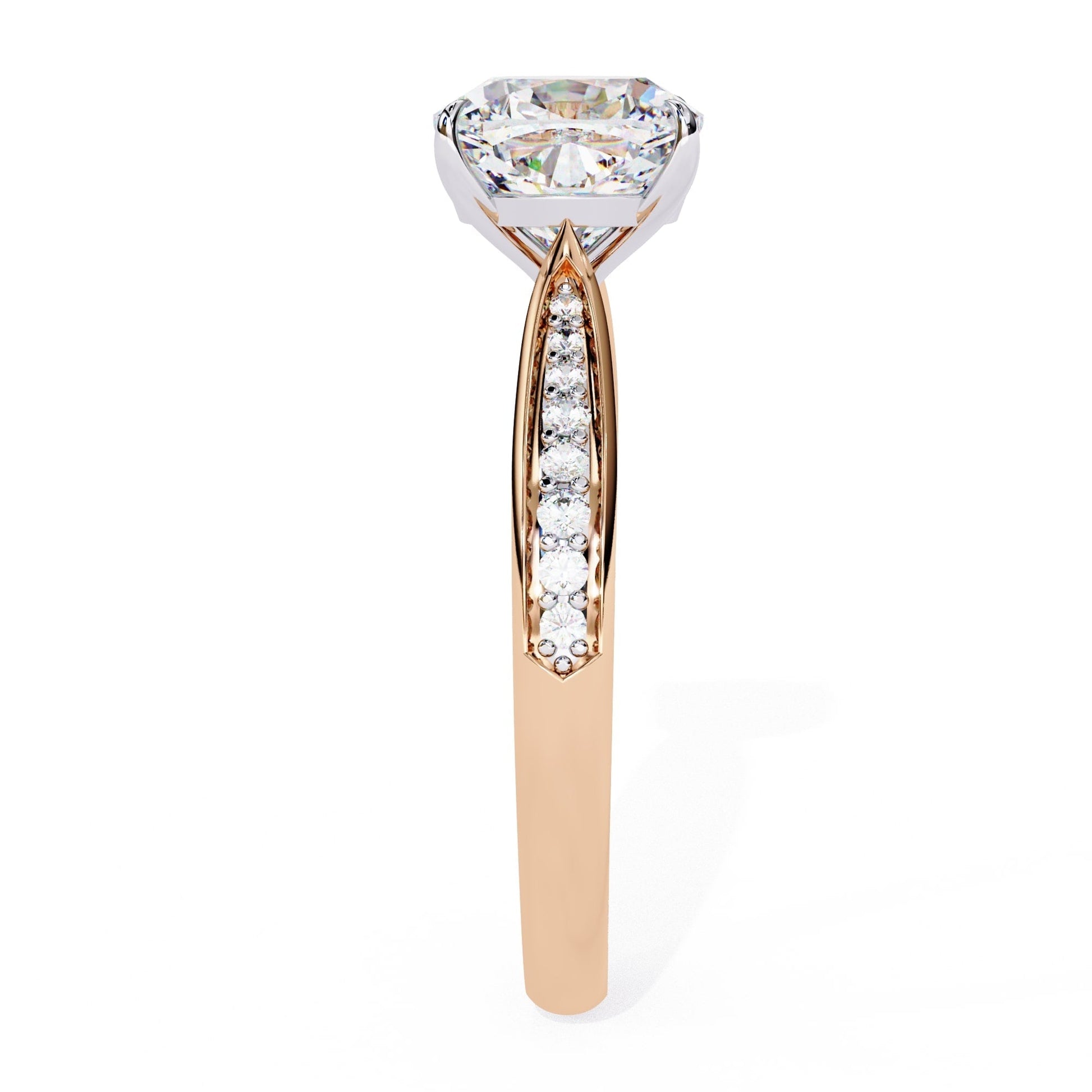 Rose gold ring with a diamond on a white background