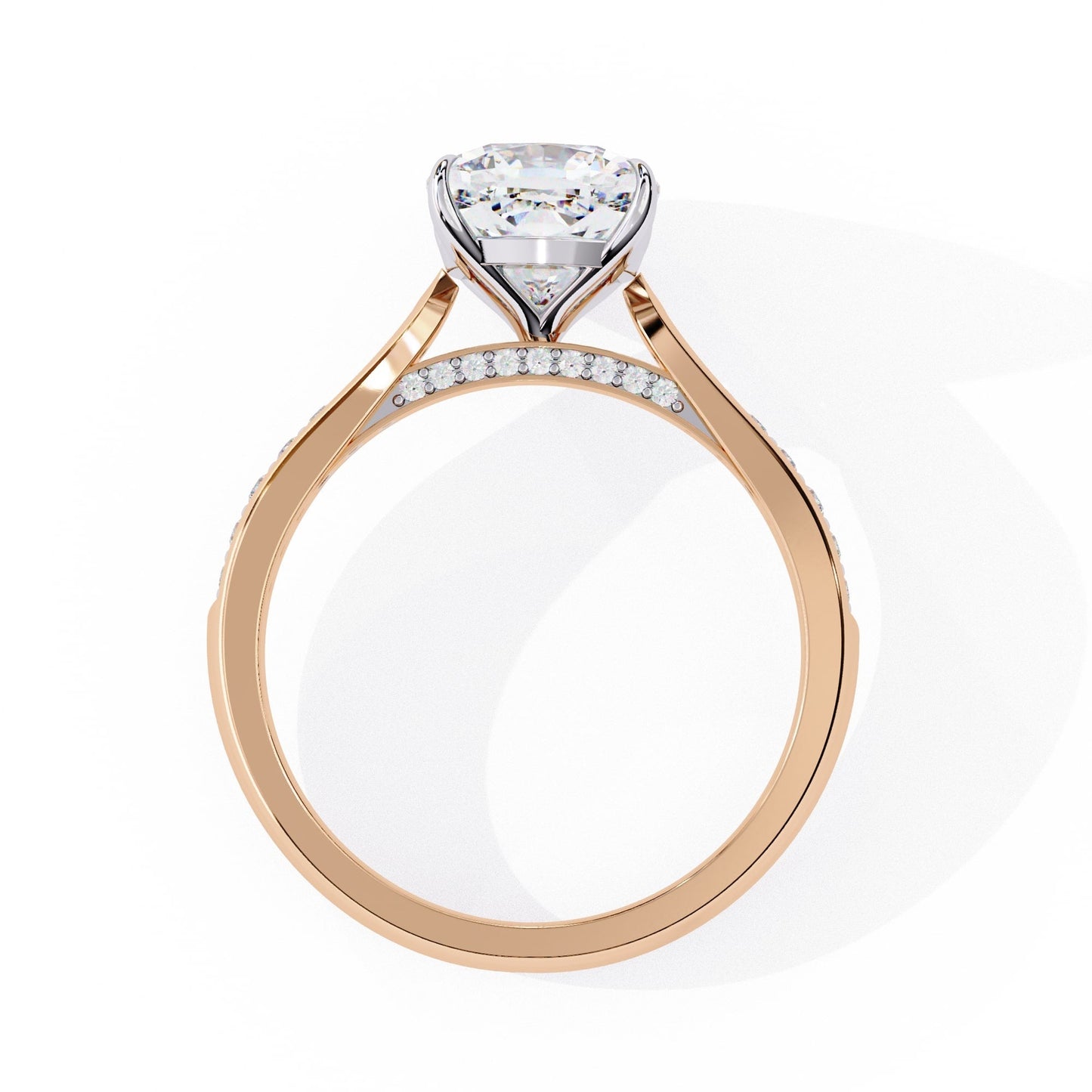 Rose gold ring with a diamond on a white background