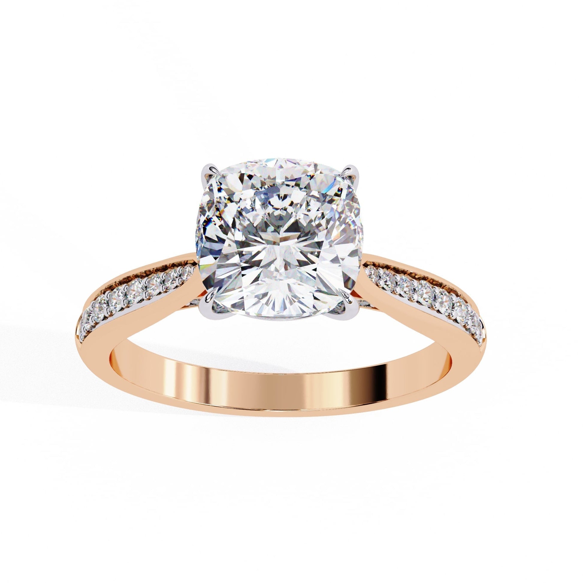 Rose gold ring with a large diamond and smaller diamonds on the band against a white background