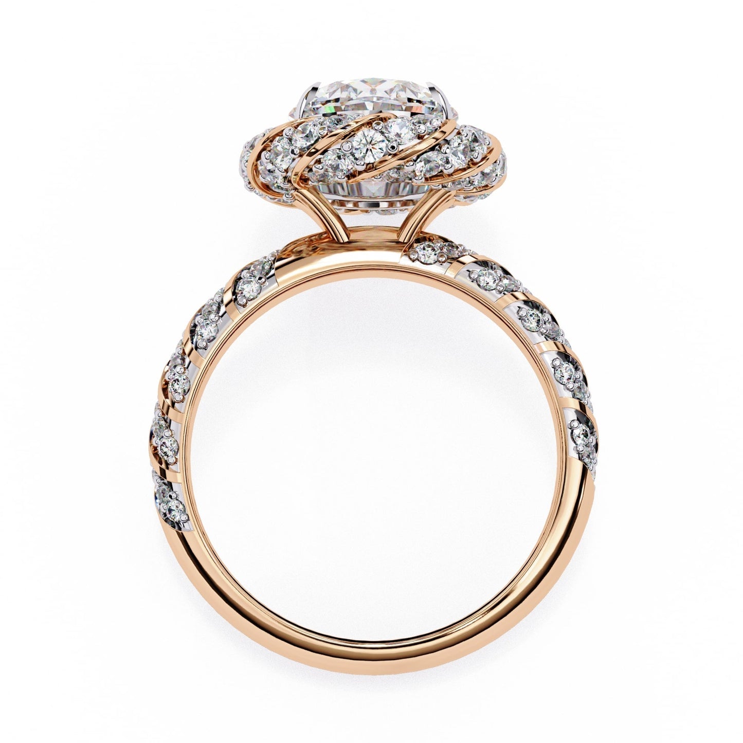Rose gold ring with diamond accents on a white background