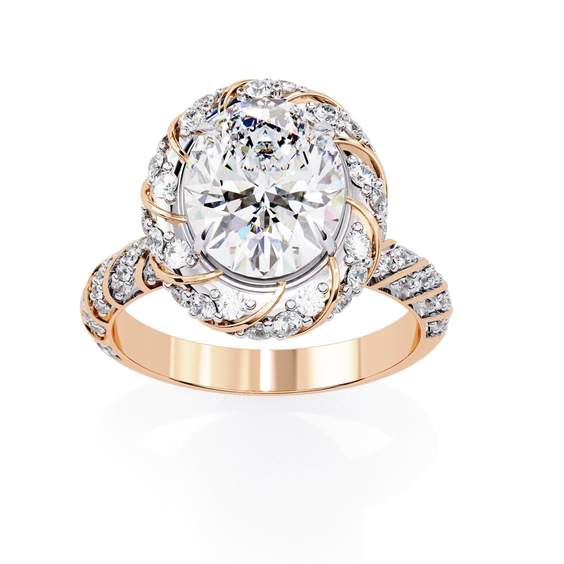 Rose gold ring with a large diamond and smaller diamonds on a white background