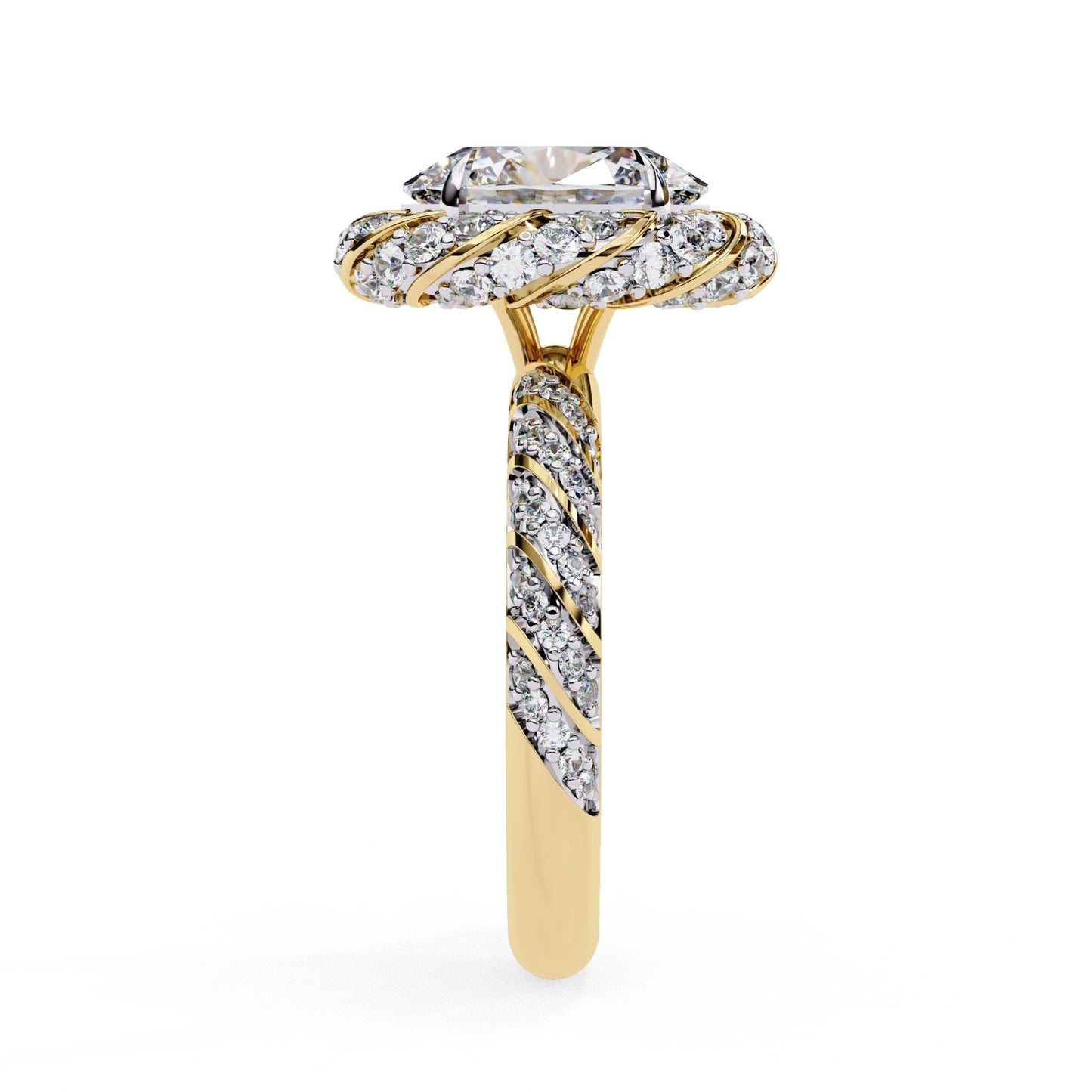 Gold and diamond ring on a white background