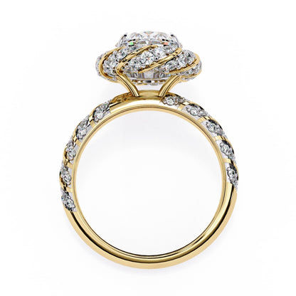 Gold ring with diamond accents on a white background